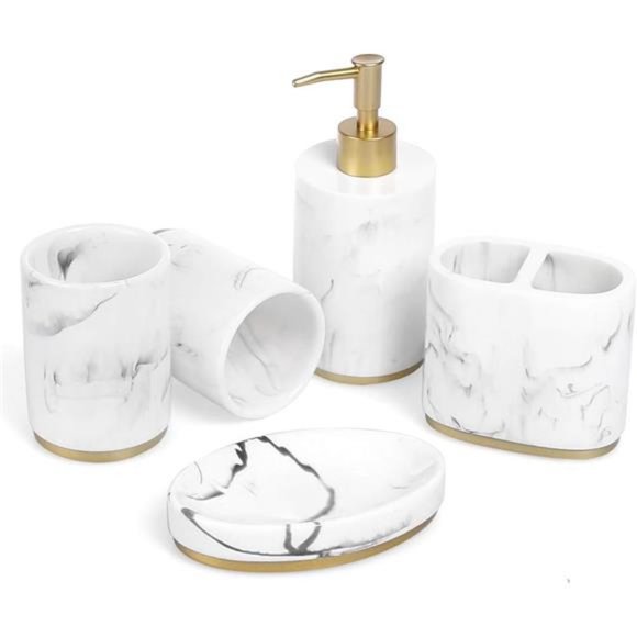 Bathroom Accessories Set 5 Pcs Marble Look Bathroom Sets White with Gold